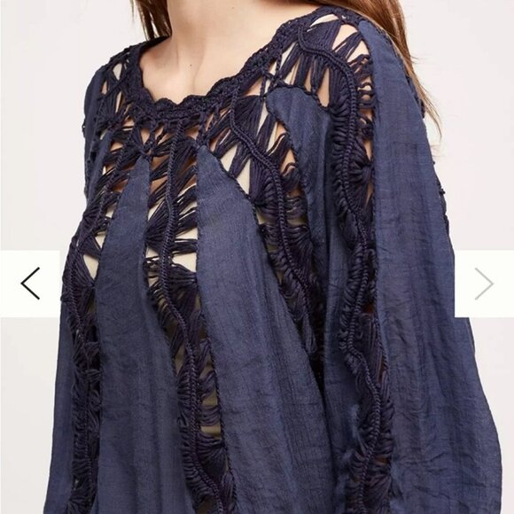 Anthropologie Tiny Sweetfern Peasant Top Navy Blue Crochet Cutout Top Size XS - Picture 3 of 8